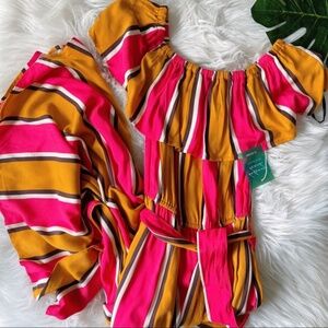 Forever 21 Striped Off-the-Shoulder Mustard Yellow and Pink Maxi Dress XS